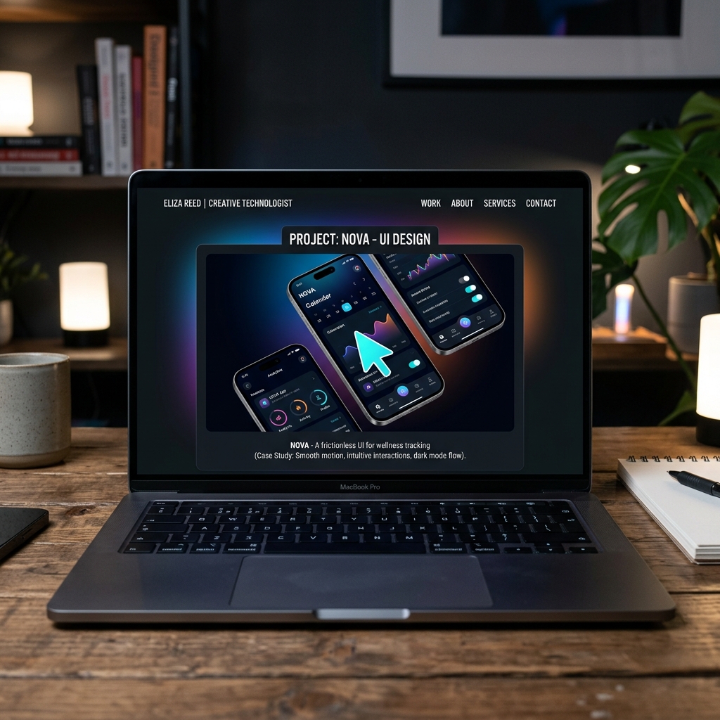 A modern designer portfolio mockup featuring a high-end laptop with an auto-playing UI video