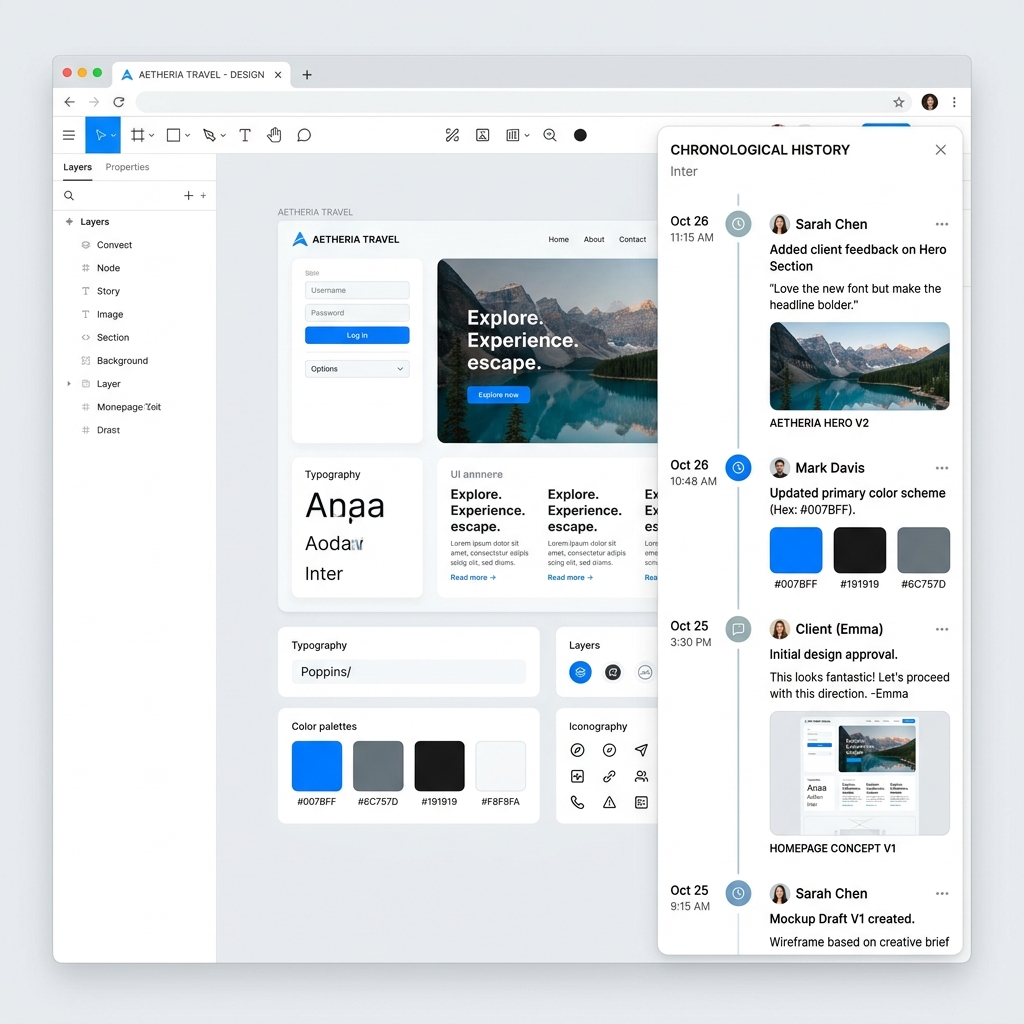 Mockup showing a modern digital design workspace beside a chronological sidebar listing hex codes and images.