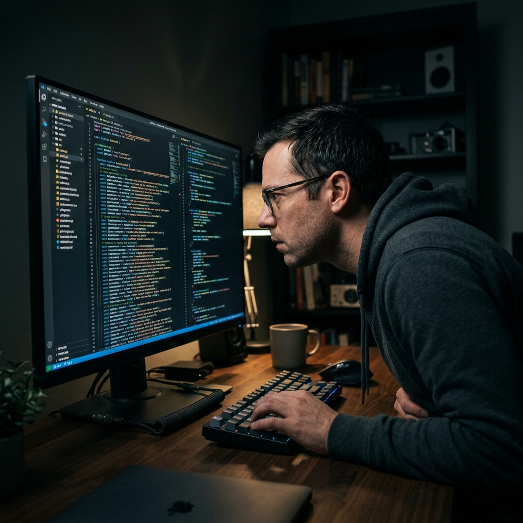 A professional developer looking closely at a monitor displaying a dark-mode code editor with tiny text