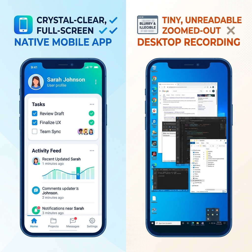 A visual comparing a perfectly clear, full-screen mobile recording to a zoomed-out, hard-to-read desktop recording displayed on a mobile phone.