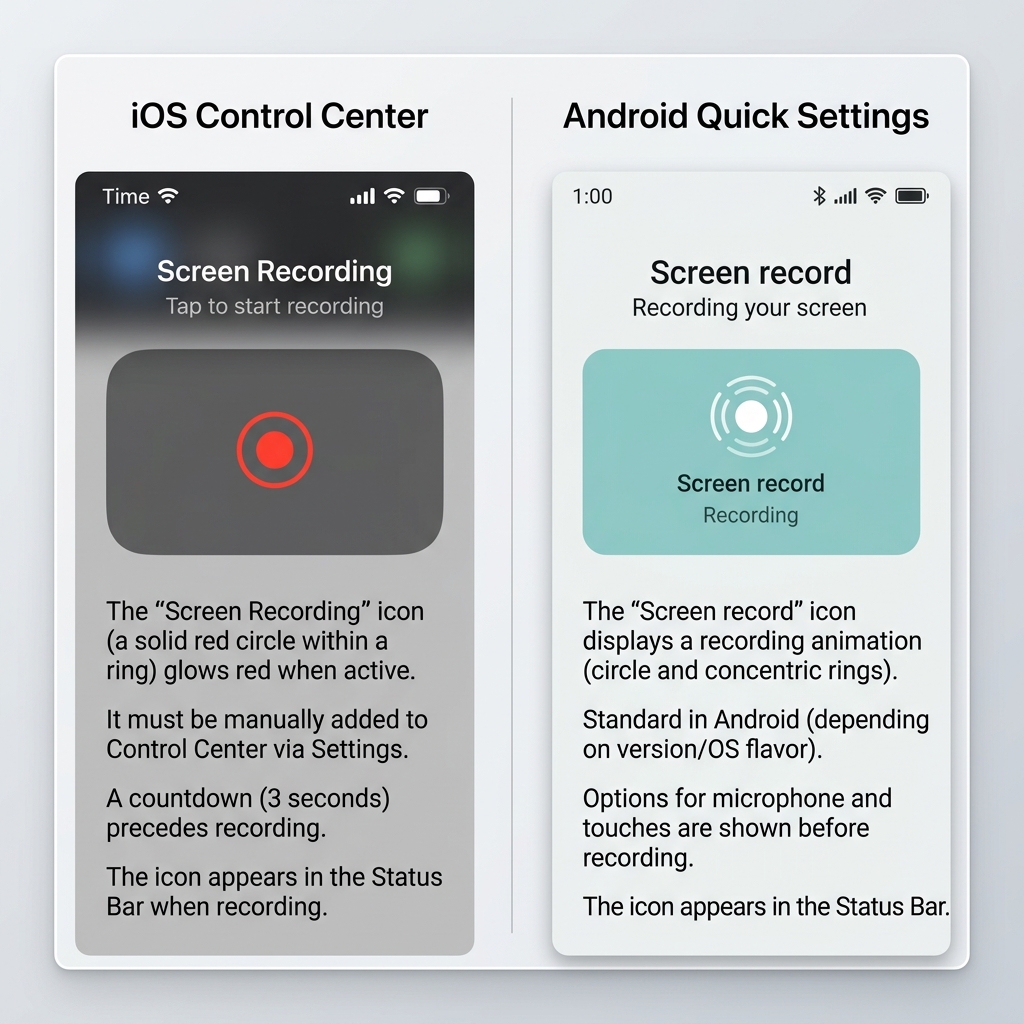 A side-by-side graphic showing the iPhone Control Center screen record icon next to the Android Quick Settings screen record icon.