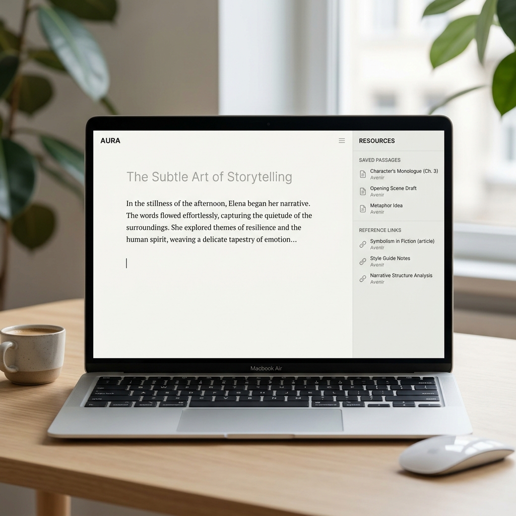 Distraction-free writing app beside an overlay sidebar menu displaying saved text passages and reference links.