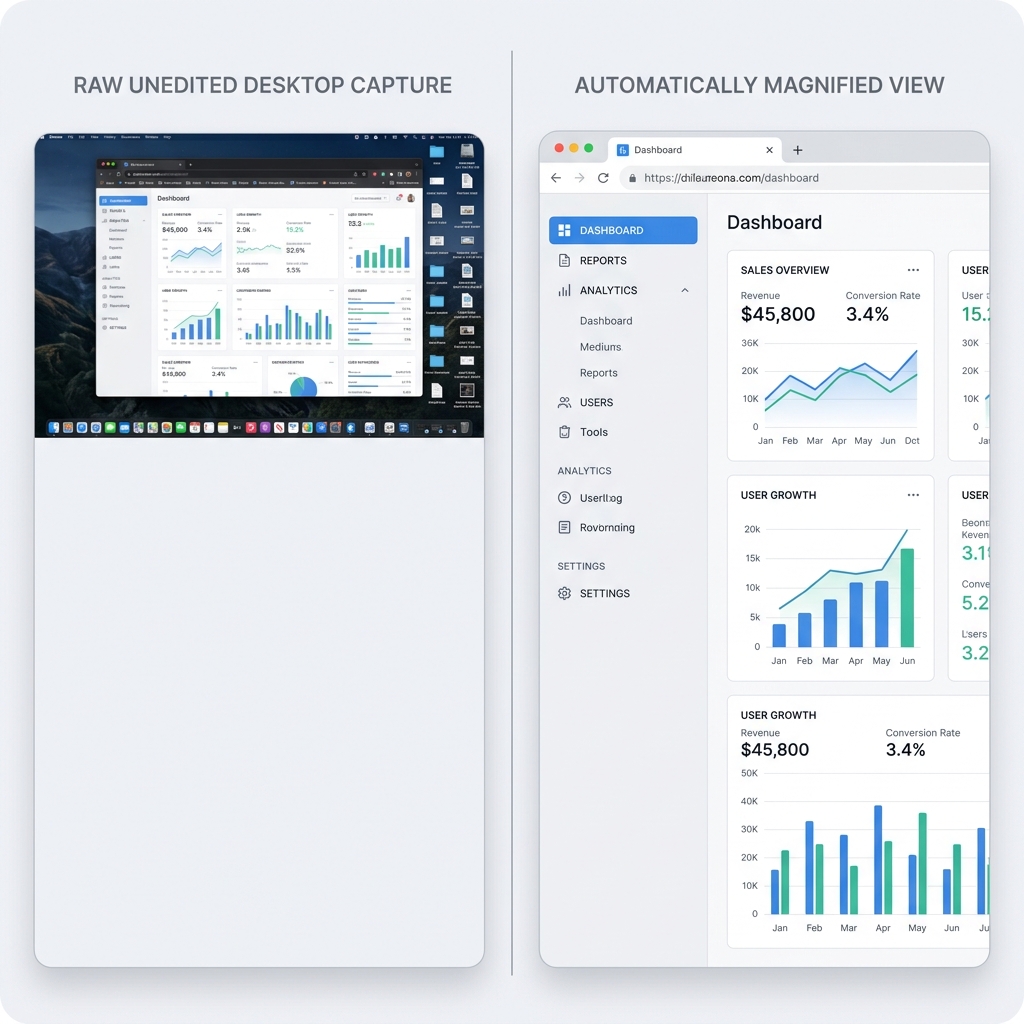 A side-by-side comparison of a raw, tiny-text web dashboard recording vs. a crystal-clear, automatically zoomed focus area.