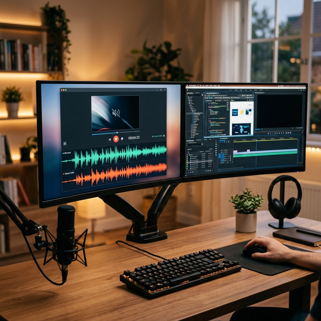 A modern dual-monitor desk setup showing a screen recording in progress, with waveform displays.