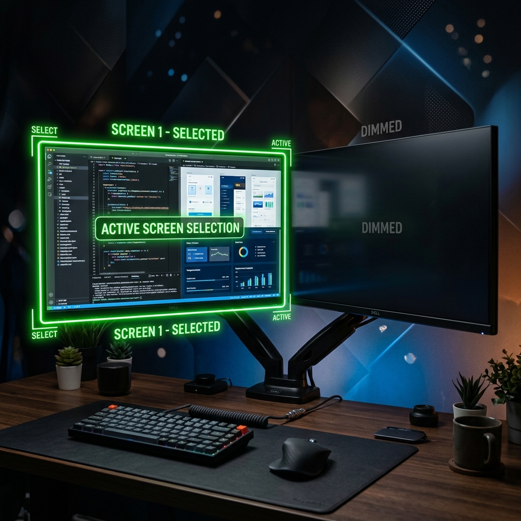 Dual monitor setup on a workspace desk where one monitor is highlighted for screenshot capture.