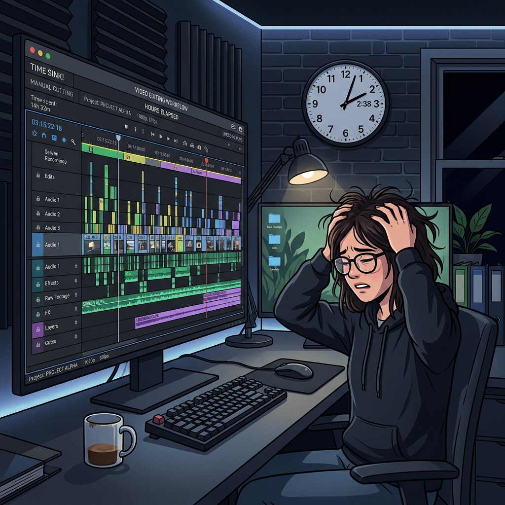 A graphic showing a frustrated creator wasting hours manually editing raw OBS recordings