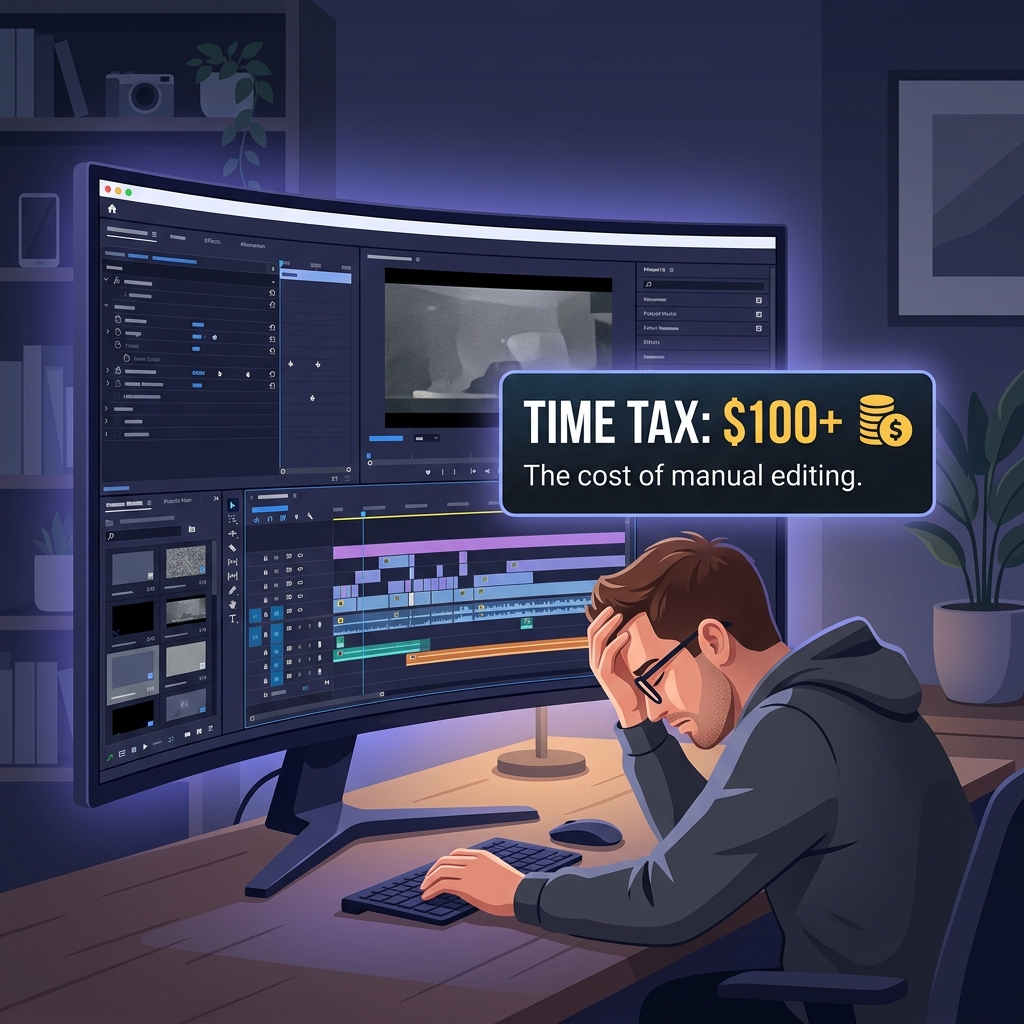 A graphic showing a professional frustrated by the "Time Tax" of manual video editing