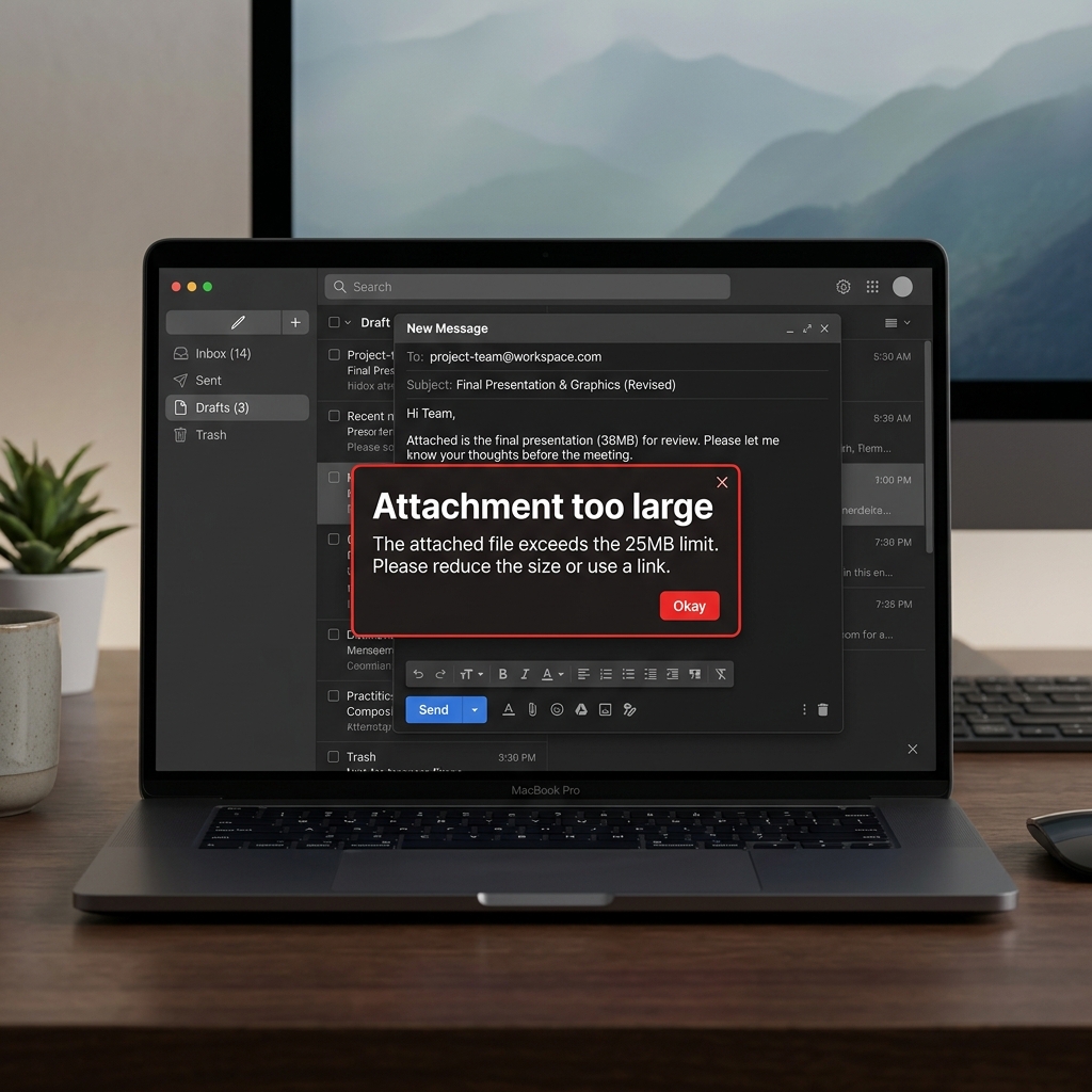 A computer screen showing an email draft with a red error popup reading "Attachment too large"