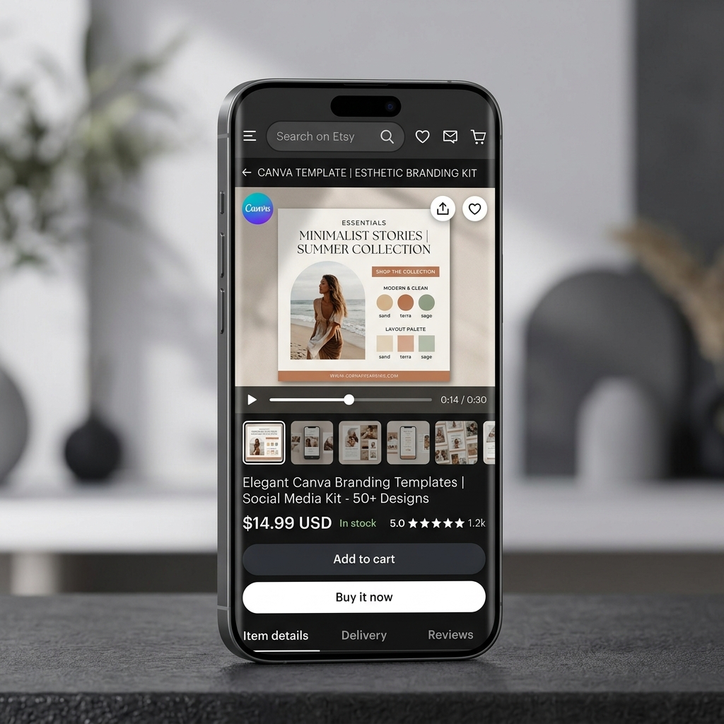A graphic showing an Etsy listing video perfectly zoomed-in and readable on a smartphone screen