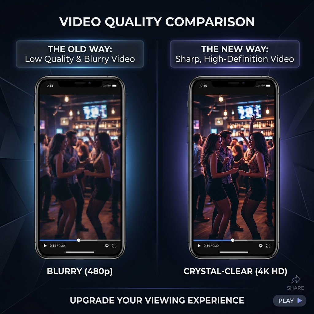 A split-screen comparison showing a pixelated, blurry Facebook video vs a sharp, high-definition version