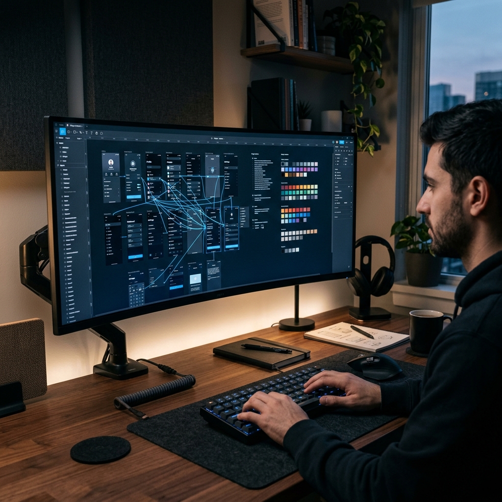 A sleek designer desk setup featuring a monitor with a complex Figma canvas