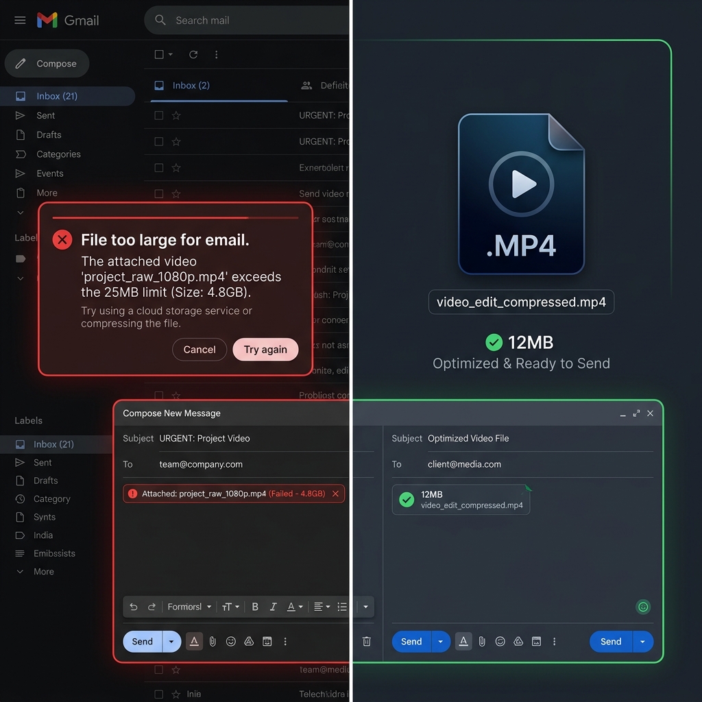 A side-by-side visual showing a "File too large" email error vs a sleek, tiny MP4 file ready to send