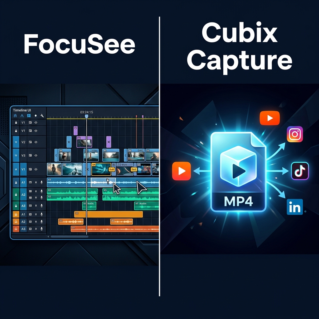 A concept split between FocuSee's editing focus and Cubix Capture's instant file focus