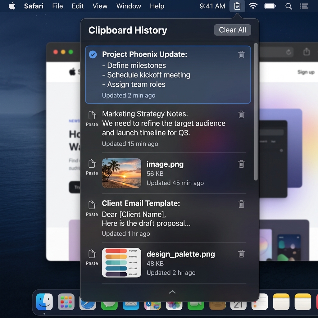 A clean screenshot showing a sleek modern dropdown clipboard history menu on a macOS desktop displaying formatted text and image thumbnails.