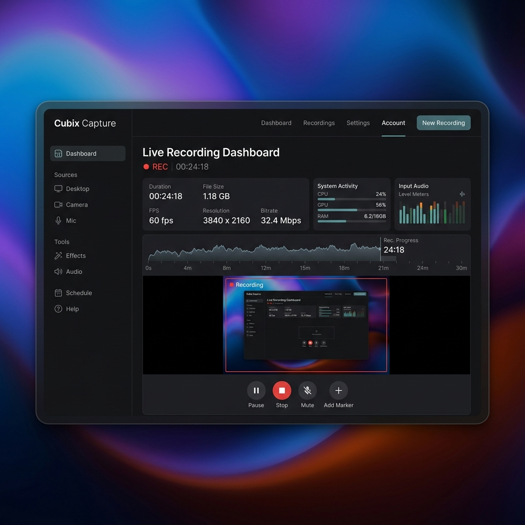 Sleek Cubix Capture application mockup isolating a product demo over a beautiful gradient background.
