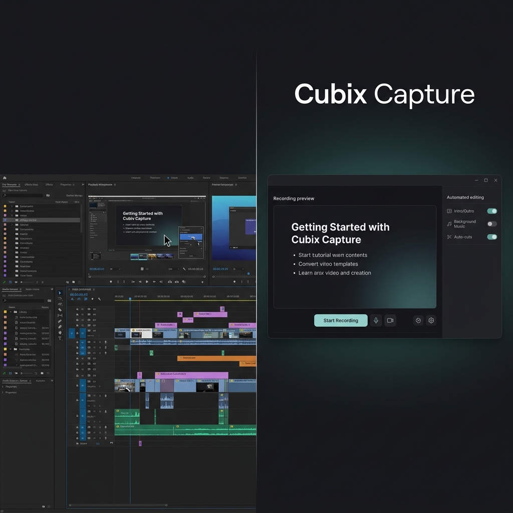 A premium split screen layout comparing a cluttered, complex multi-track timeline video editor screen on the left, and a sleek, automated zero-edit recording interface on the right showing a clean tutorial screen.