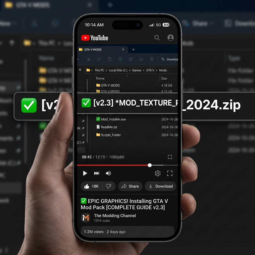 A graphic showing a YouTube mod tutorial perfectly zoomed-in and readable on a smartphone screen