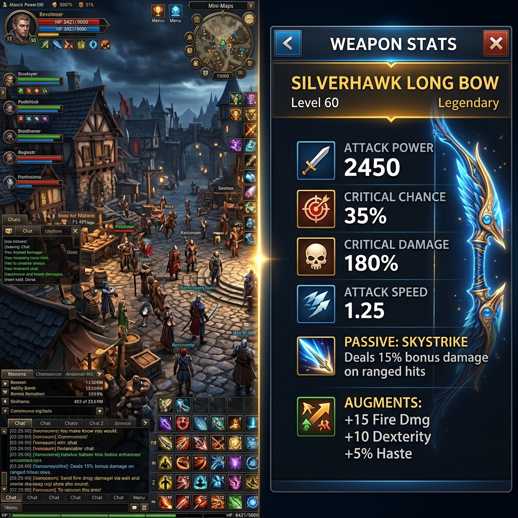 A split-screen comparison showing a cluttered MMO interface vs a beautifully zoomed-in stat screen
