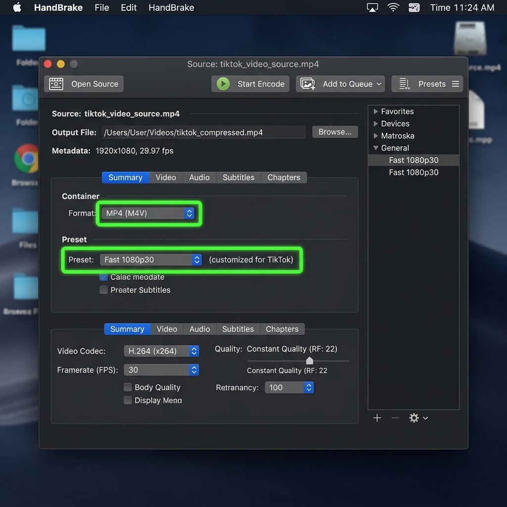 A screenshot of HandBrake settings optimized for TikTok: MP4 format and Fast 1080p30 preset