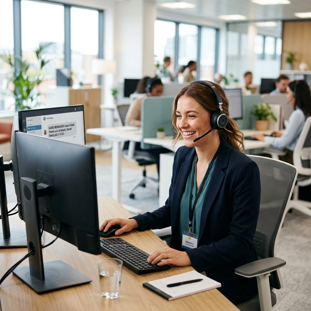 A professional customer support agent smiling with a headset, looking at a computer screen