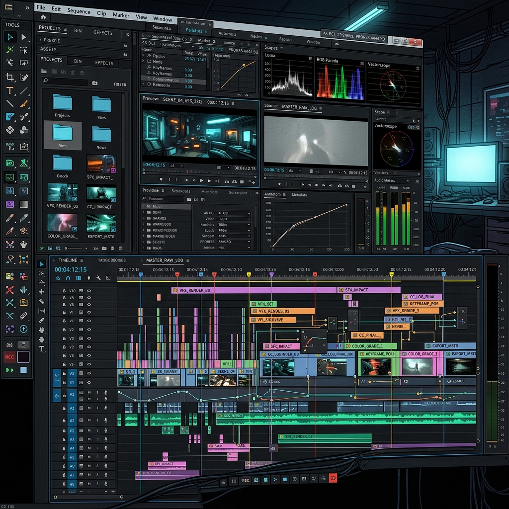 A stylized representation of the heavy, complex editing interfaces required by traditional software