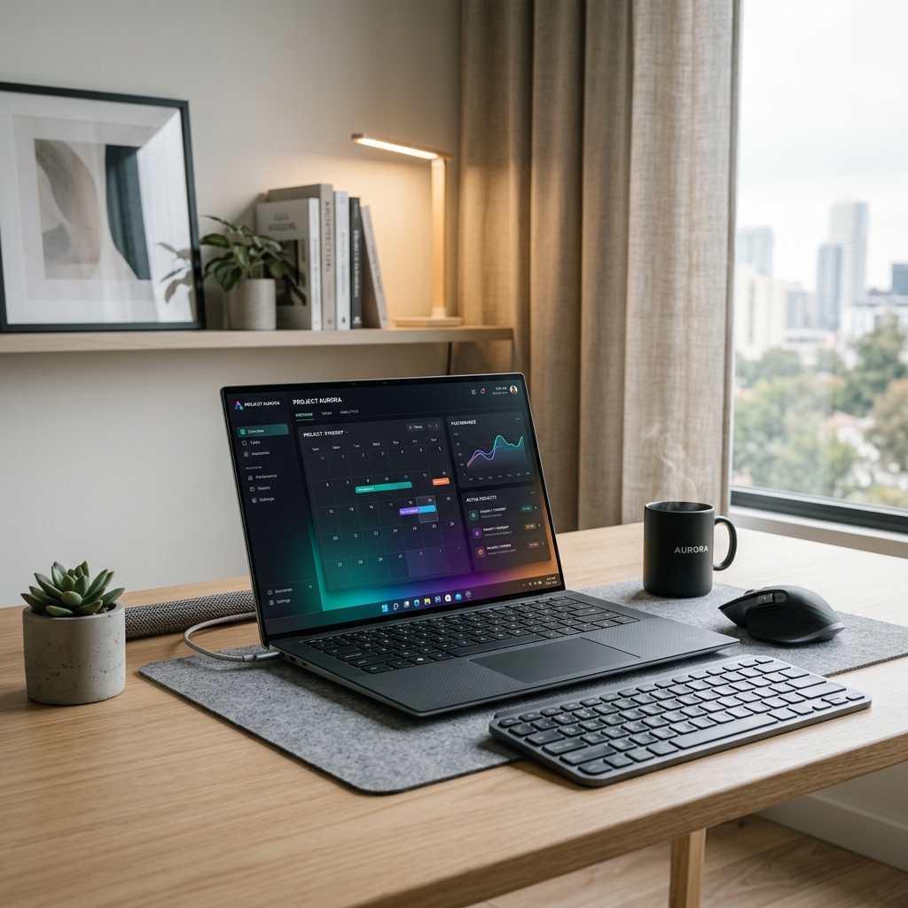 A well-lit, modern desk showing an HP laptop open, with a clean desktop background.