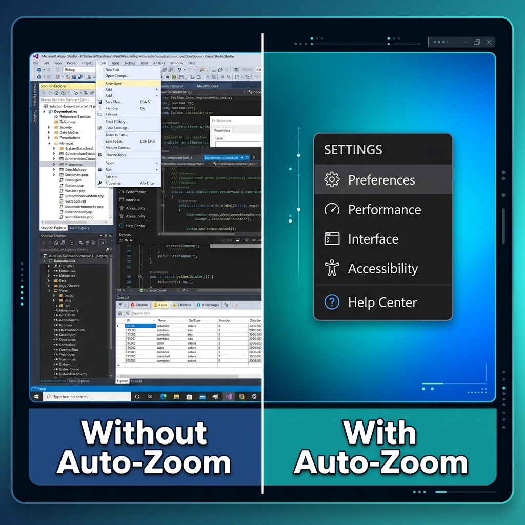 A side-by-side graphic showing a raw, zoomed-out HP desktop recording on the left, and a crystal-clear, automatically zoomed-in video focusing perfectly on a specific software menu on the right.