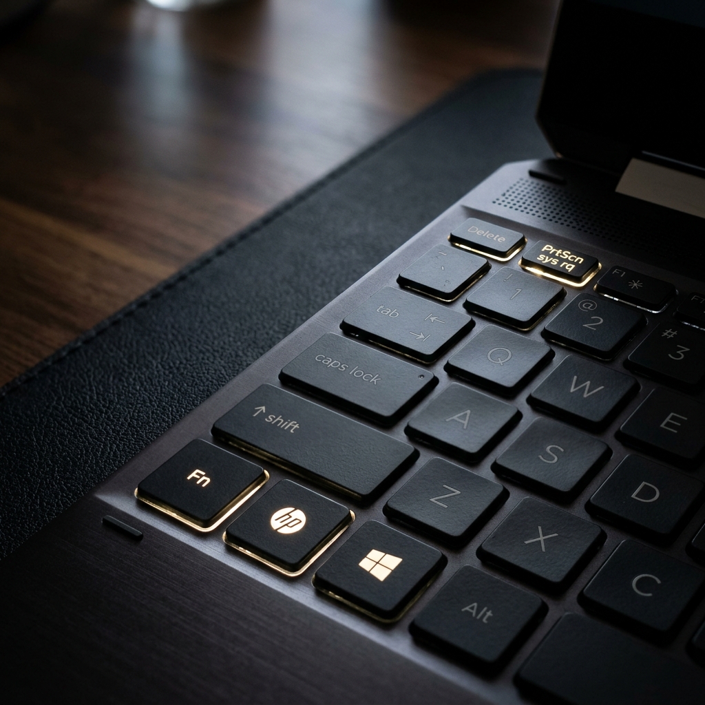 Close-up of a modern HP laptop keyboard highlighting the Windows key, Fn key, and PrtScn key.