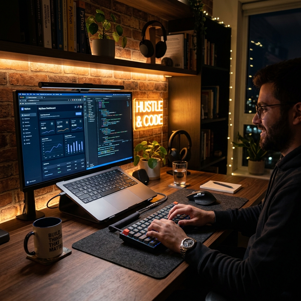 A cozy, modern desk setup of an indie hacker showing a code editor