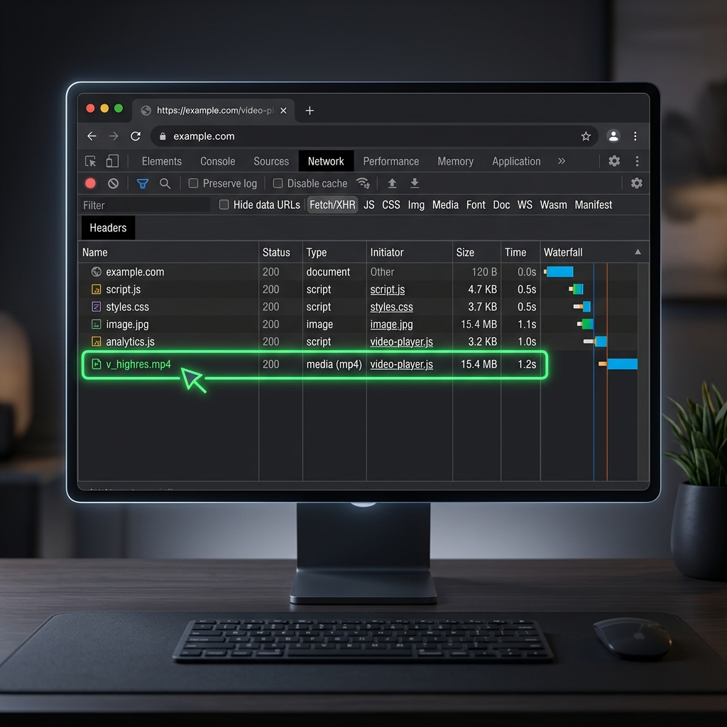 A mockup of the Chrome Developer Tools Network tab highlighting a hidden .mp4 video file for direct download