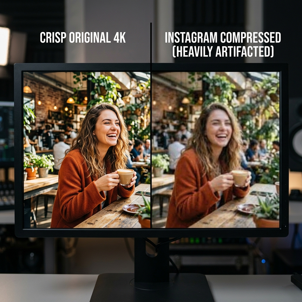 A split-screen comparison showing a crisp original 4K video vs a blurry, pixelated Instagram upload
