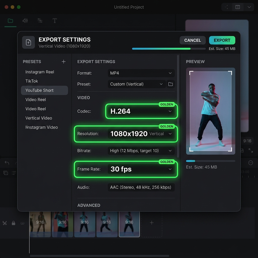 A graphic highlighting the "Golden Settings" for exporting video to Instagram: H.264, 1080x1920, and 30fps