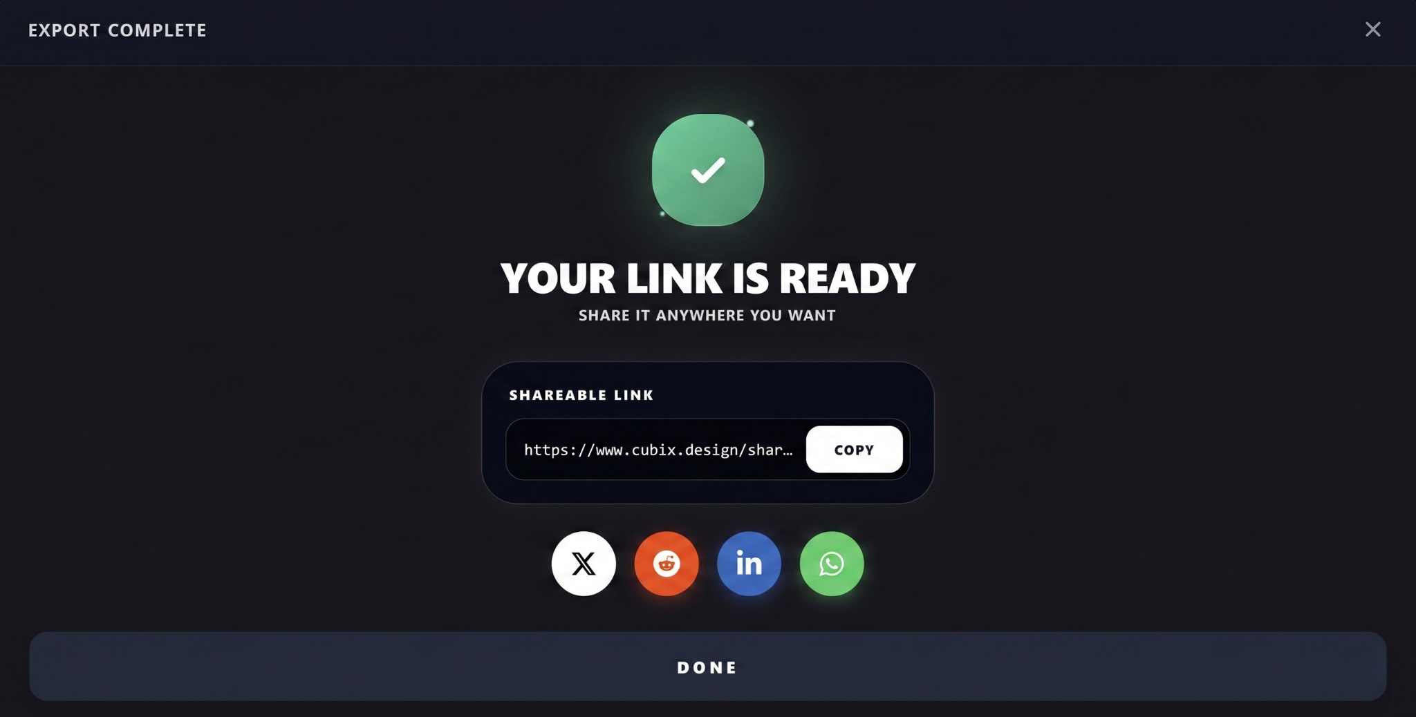 An export complete dialog showing a finished recording turned into a shareable link with social sharing options.