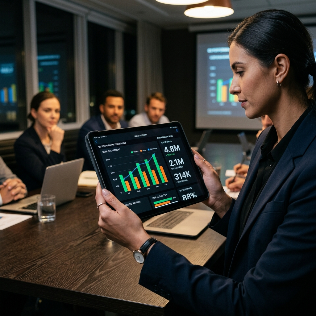 A graphic showing an executive holding an iPad with a perfectly auto-zoomed metric chart from a product demo