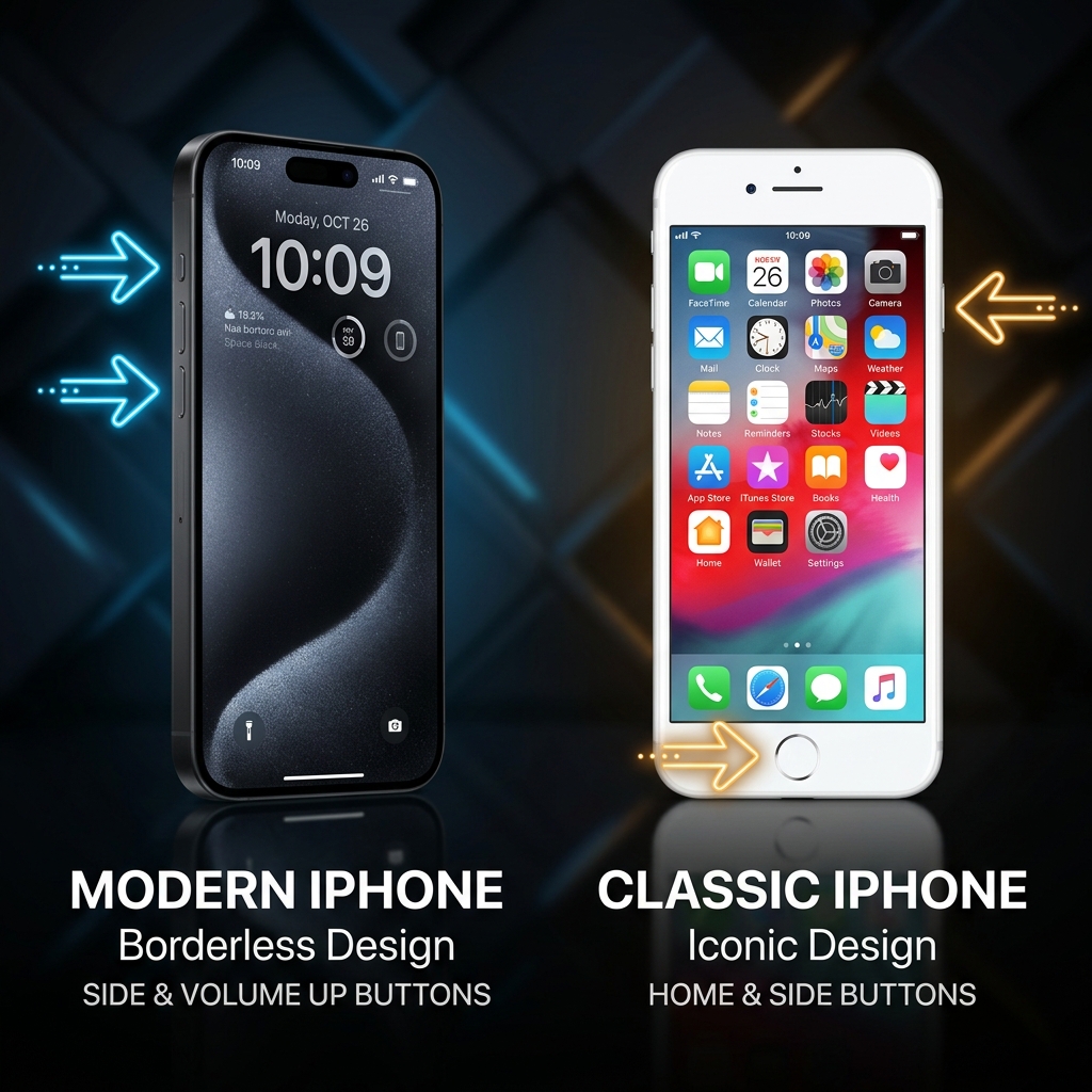 Side-by-side comparison of screenshot button layout on Face ID iPhones and circular Home Button classic iPhones.