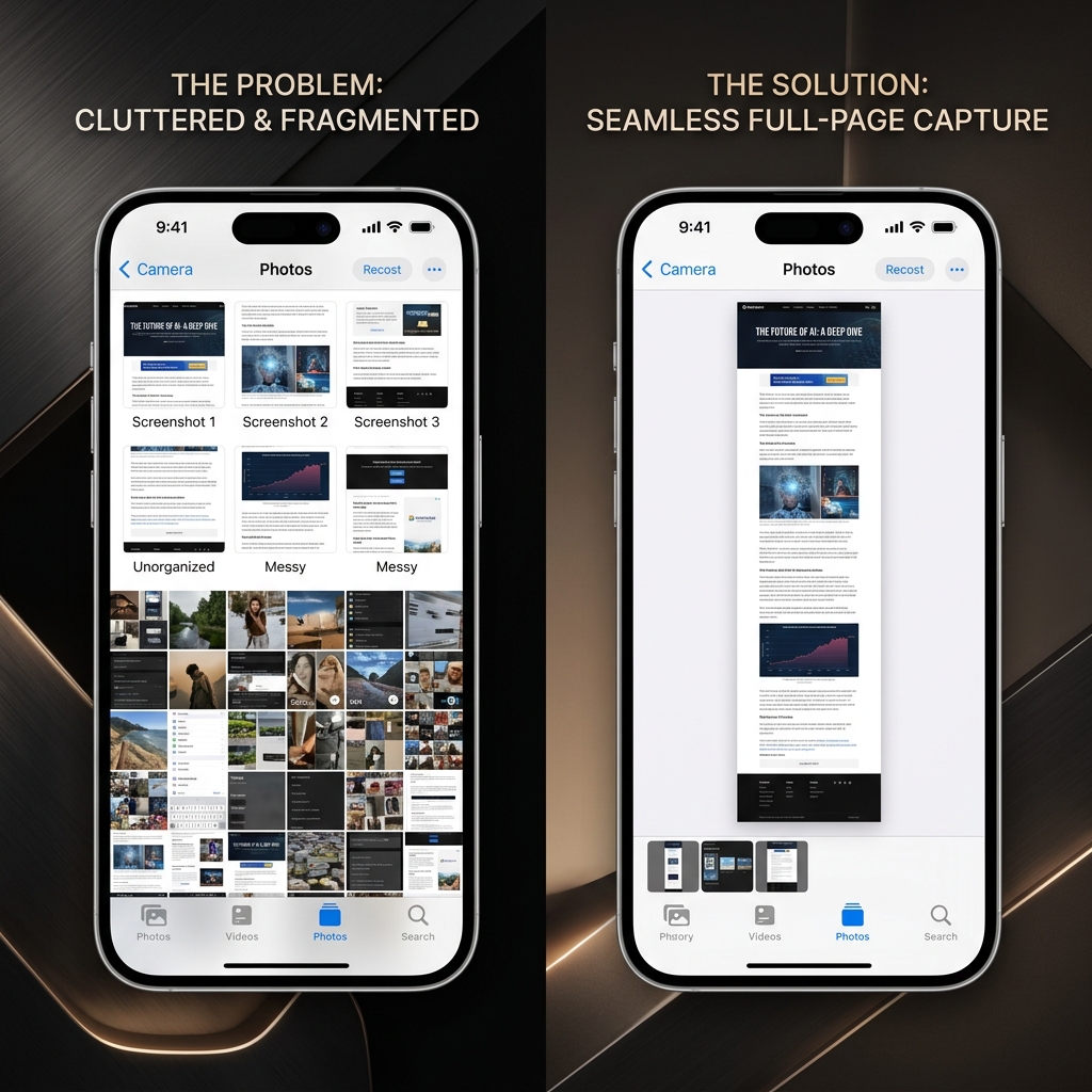 Side-by-side comparison of a cluttered camera roll of screenshots vs a single seamless full-page scrolling capture on an iPhone display.
