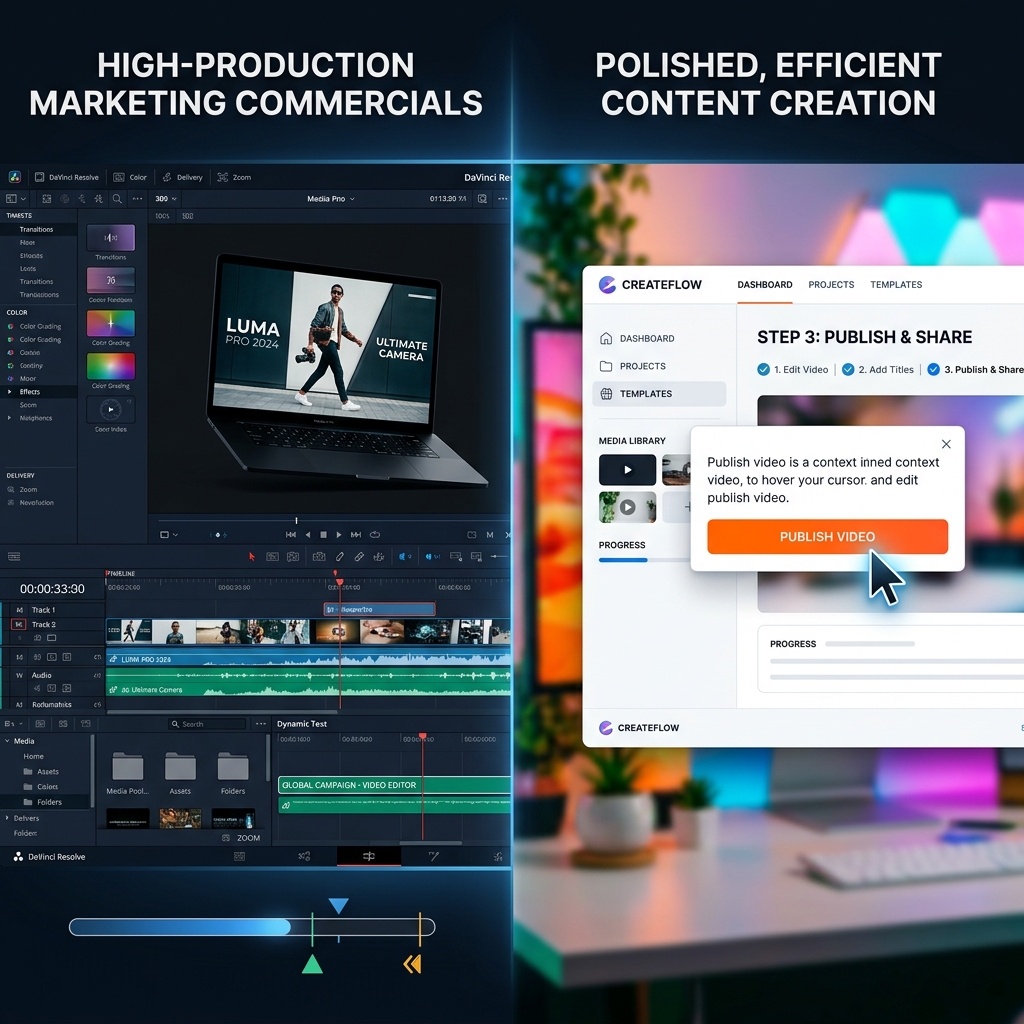 A split image contrasting a heavy production timeline with a clean guided publishing flow, representing produced marketing video against fast polished capture.