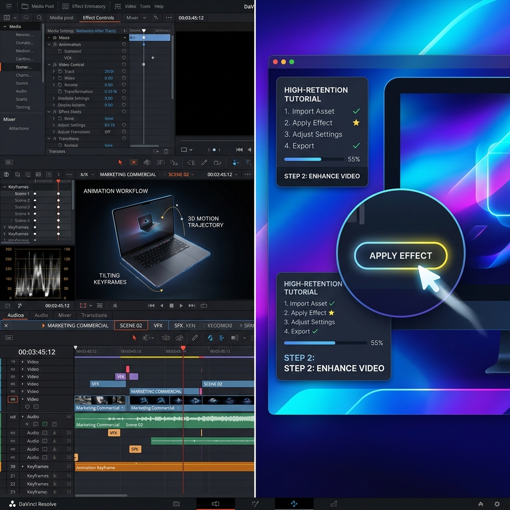 A split between Kite's 3D commercial style and Cubix Capture's polished tutorial style