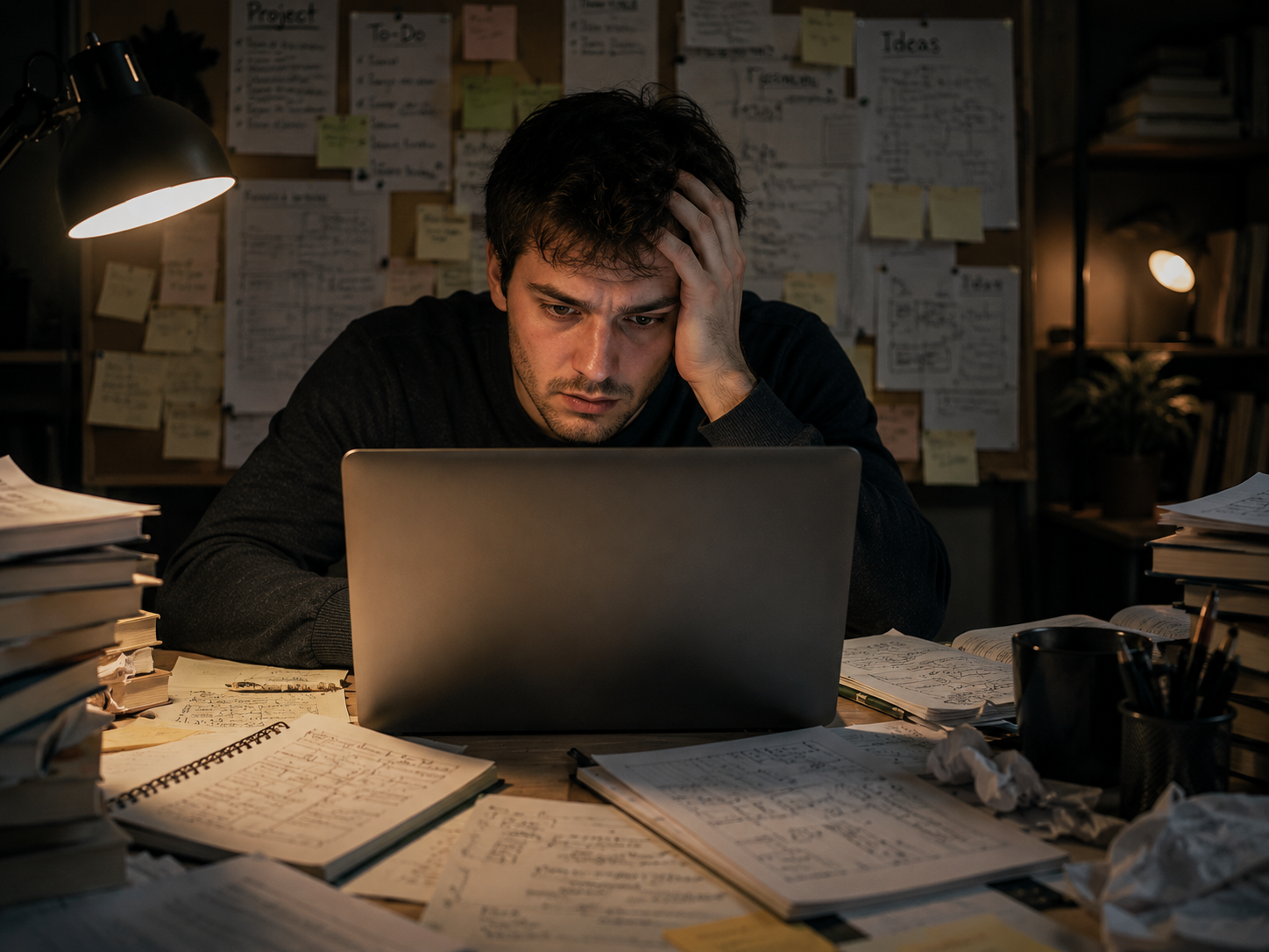 A cozy late-night workspace with a laptop screen displaying code, coffee mug on the side, warm lighting.