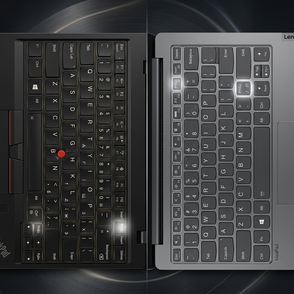 Side-by-side comparison of a Lenovo Thinkpad bottom-row PrtSc key and an IdeaPad top-row PrtSc key.
