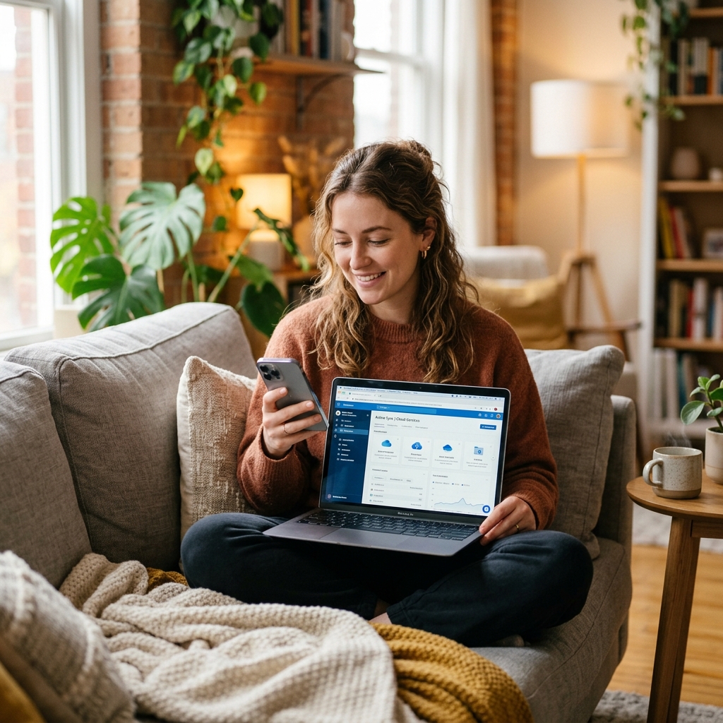 A person sitting on a couch with a laptop open, holding a smartphone in one hand, illustrating our connected, multi-device lifestyle.