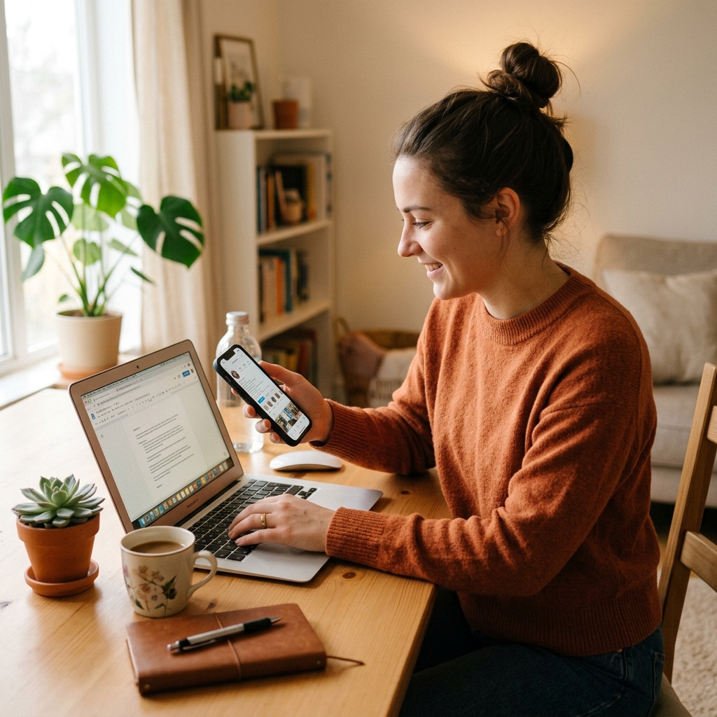 A person holding a smartphone in one hand while working on a laptop, illustrating the multi-device world we live in.