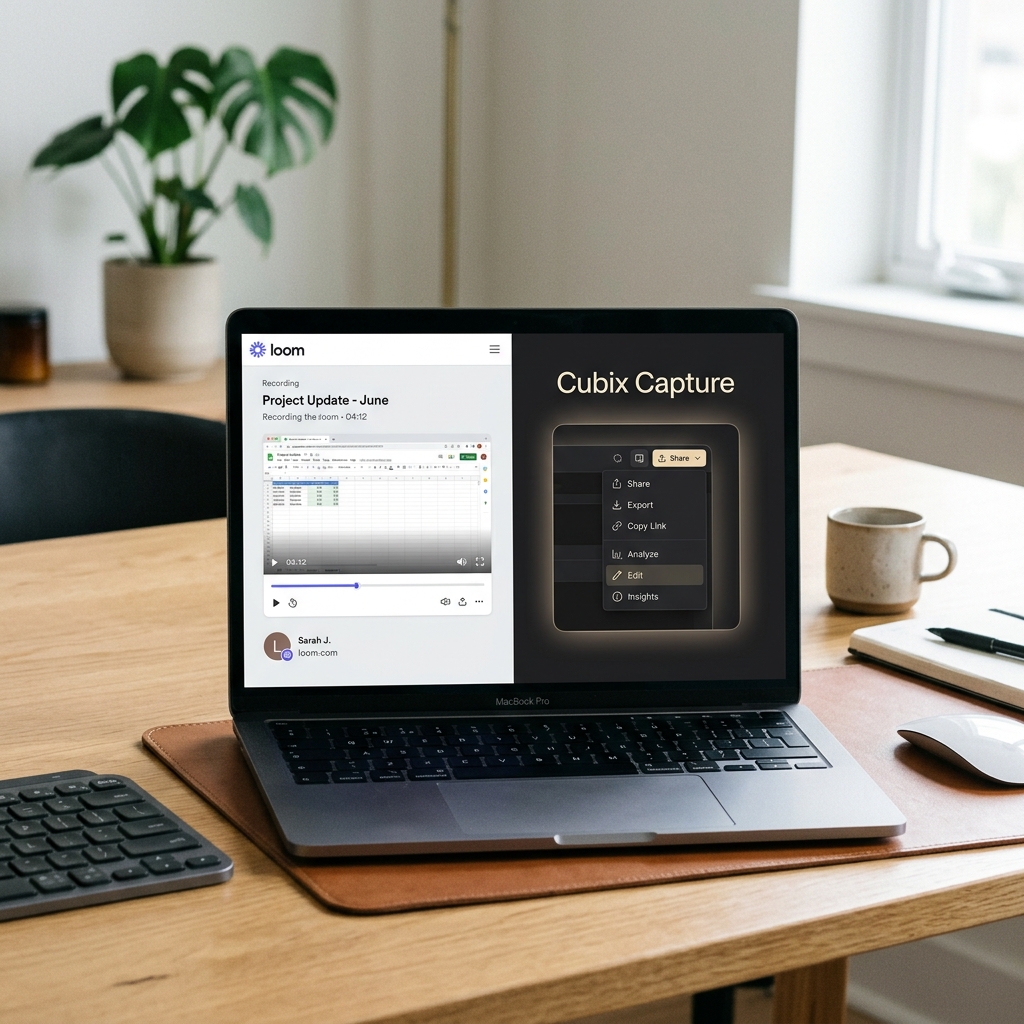 A modern workspace highlighting a side-by-side comparison of a standard flat Loom screen capture stacked next to a highly stylized screen capture with auto-zoomed menus and a premium dynamic background.