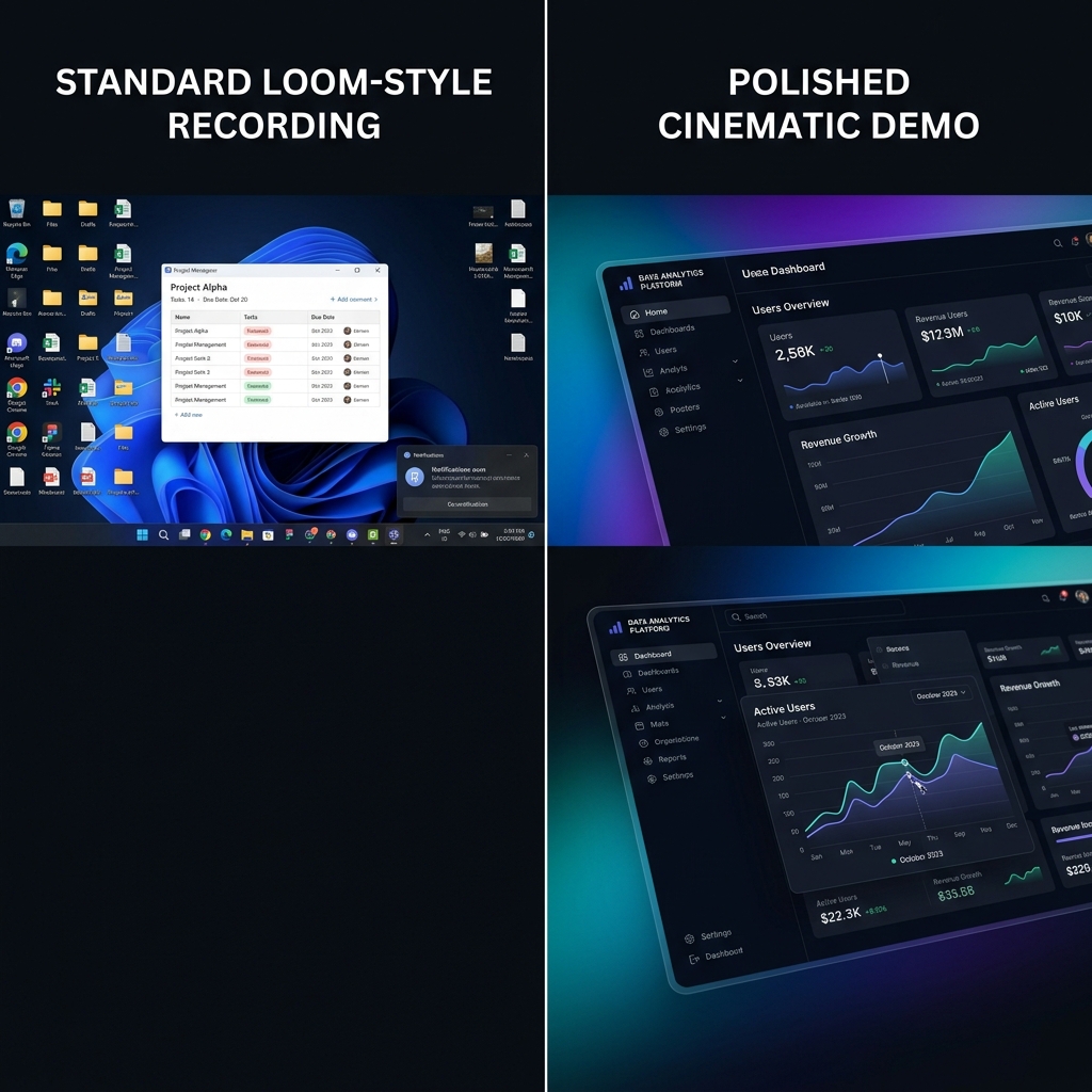 A side-by-side comparison showing a standard, boring Loom recording vs a highly polished, cinematic product demo