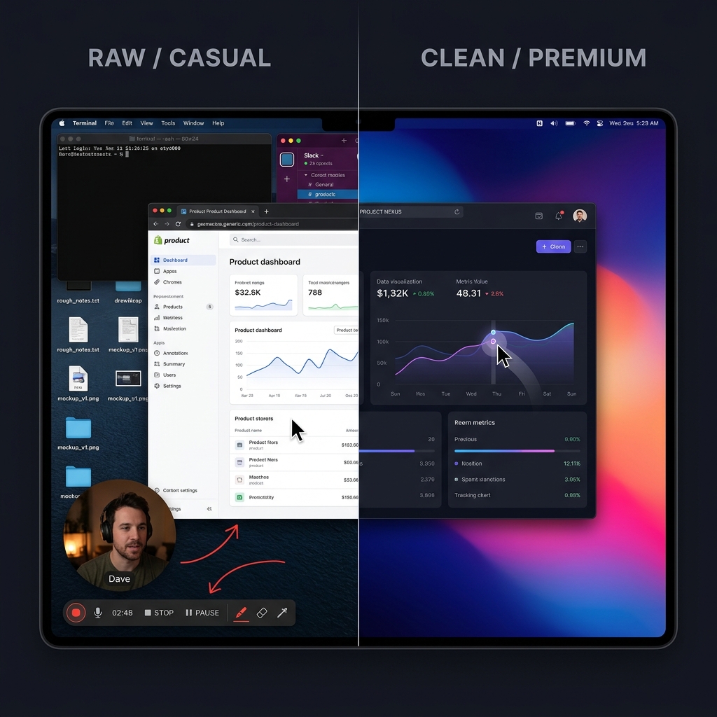 A side-by-side comparison showing a raw, unedited Loom-style recording versus a polished, professional Cubix Capture presentation