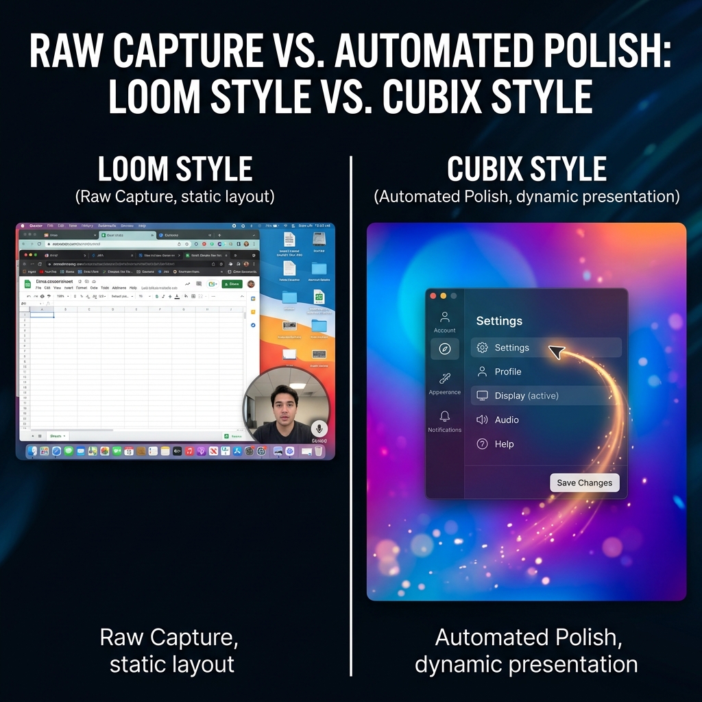 A visual comparison showing a raw Loom-style recording versus a polished, cinematic Cubix Capture output
