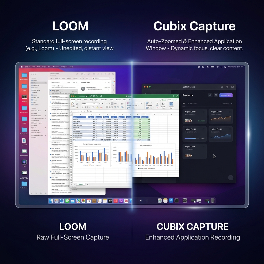 A split-screen mockup comparison showing a standard, flat full-monitor Loom recording on the left versus a stylized, auto-zoomed application window framed against a premium gradient canvas on the right.