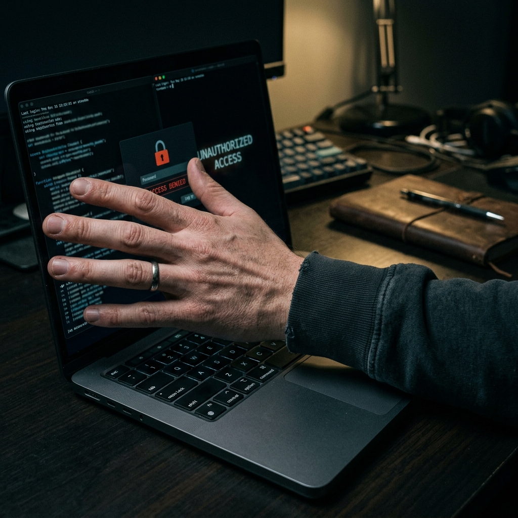 Anxious user covering their laptop screen to protect private information.