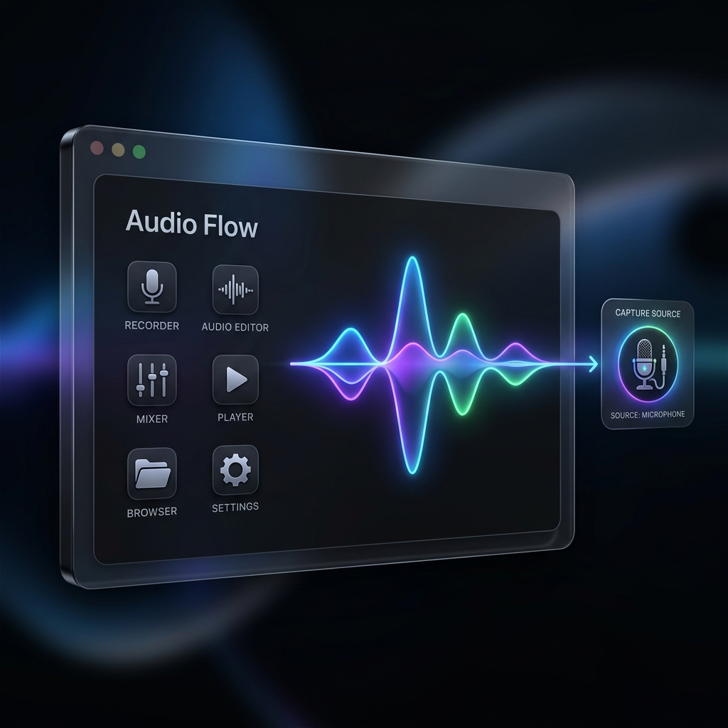 An audio routing diagram showing a capture source feeding a recorder, representing desktop audio capture setup in OBS.
