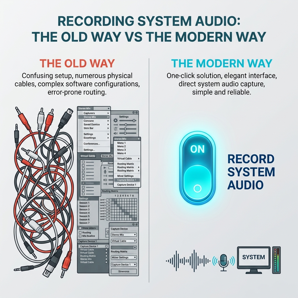A side-by-side comparison of the old, messy way to capture Mac audio vs the simple modern way